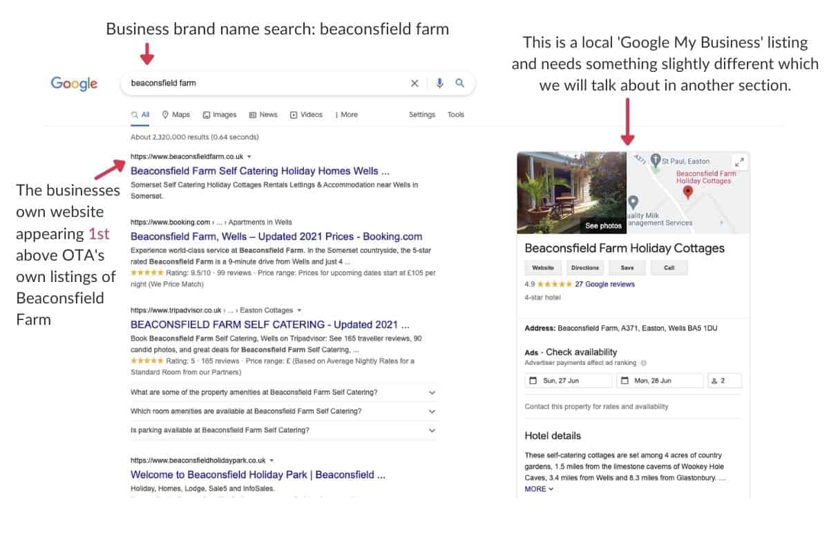 example brand name search for a accommodation business on Google search engine