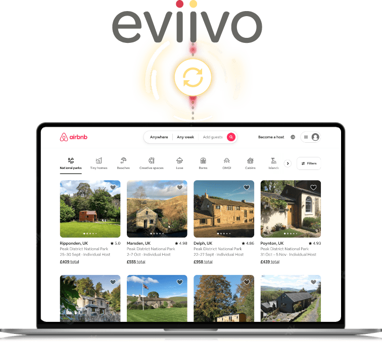 eviivo logo and laptop screen of airbnb website