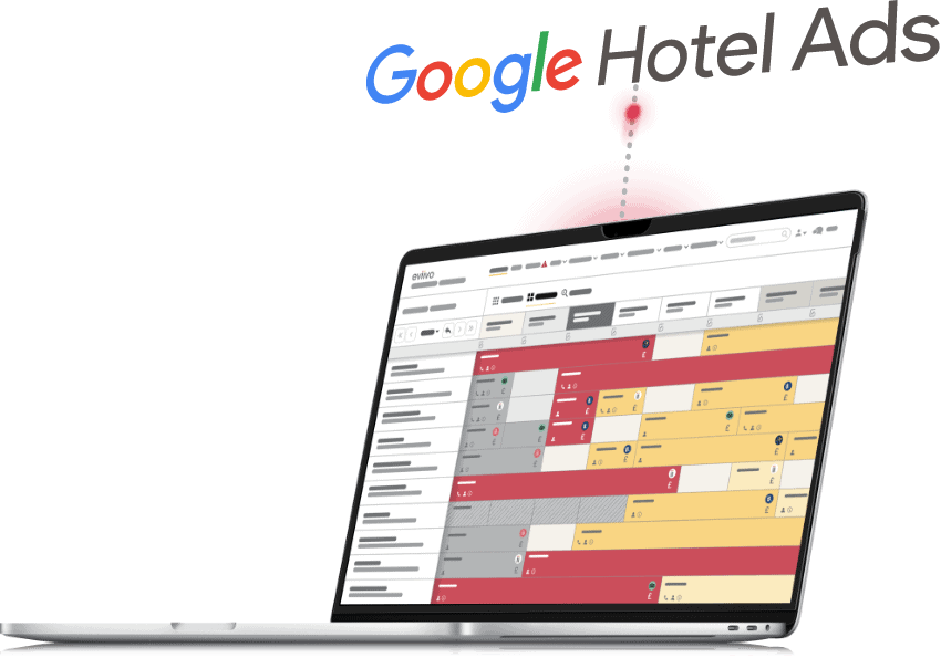 google hotel ads syncing up to eviivo booking calendar on laptop screen