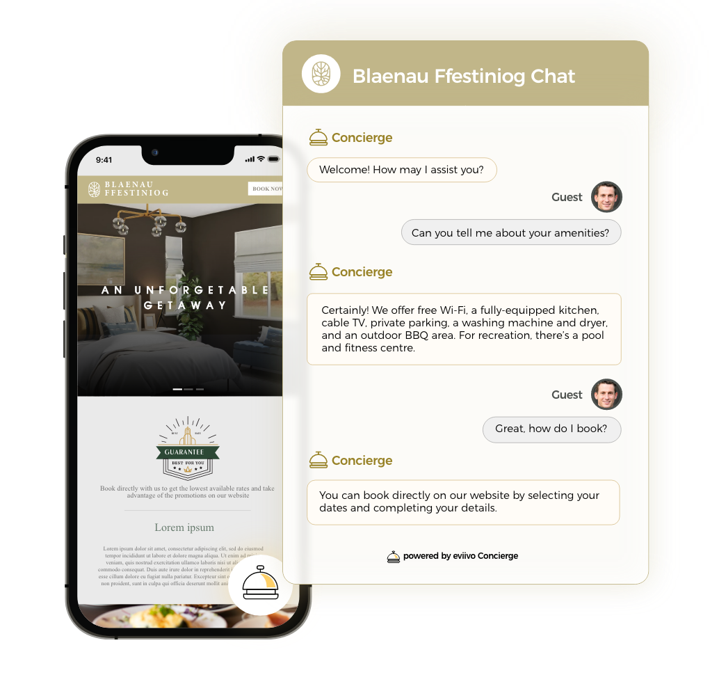 A written webchat interaction between a hotel guest and eviivo's AI-powered Concierge on a mobile phone screen.