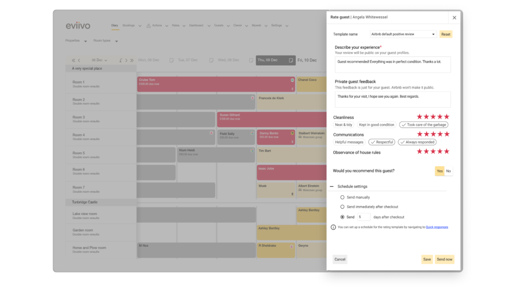 A scheduled guest review template being created in eviivo Suite.