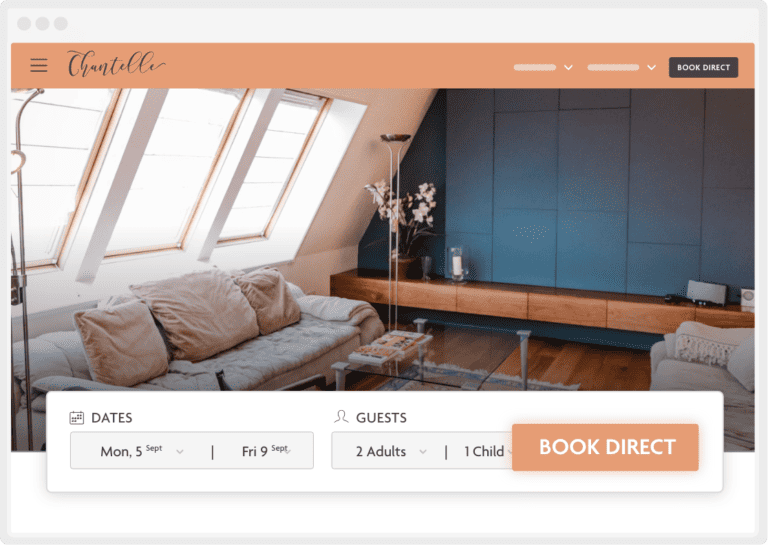 A vacation rental website featuring a prominent 'BOOK DIRECT' button