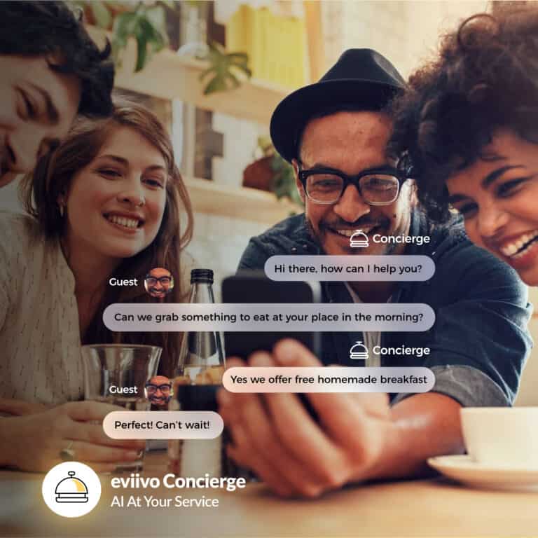 A guest interacts with the AI messaging tool eviivo Concierge, which uses FAQ content to respond to the guest's query.