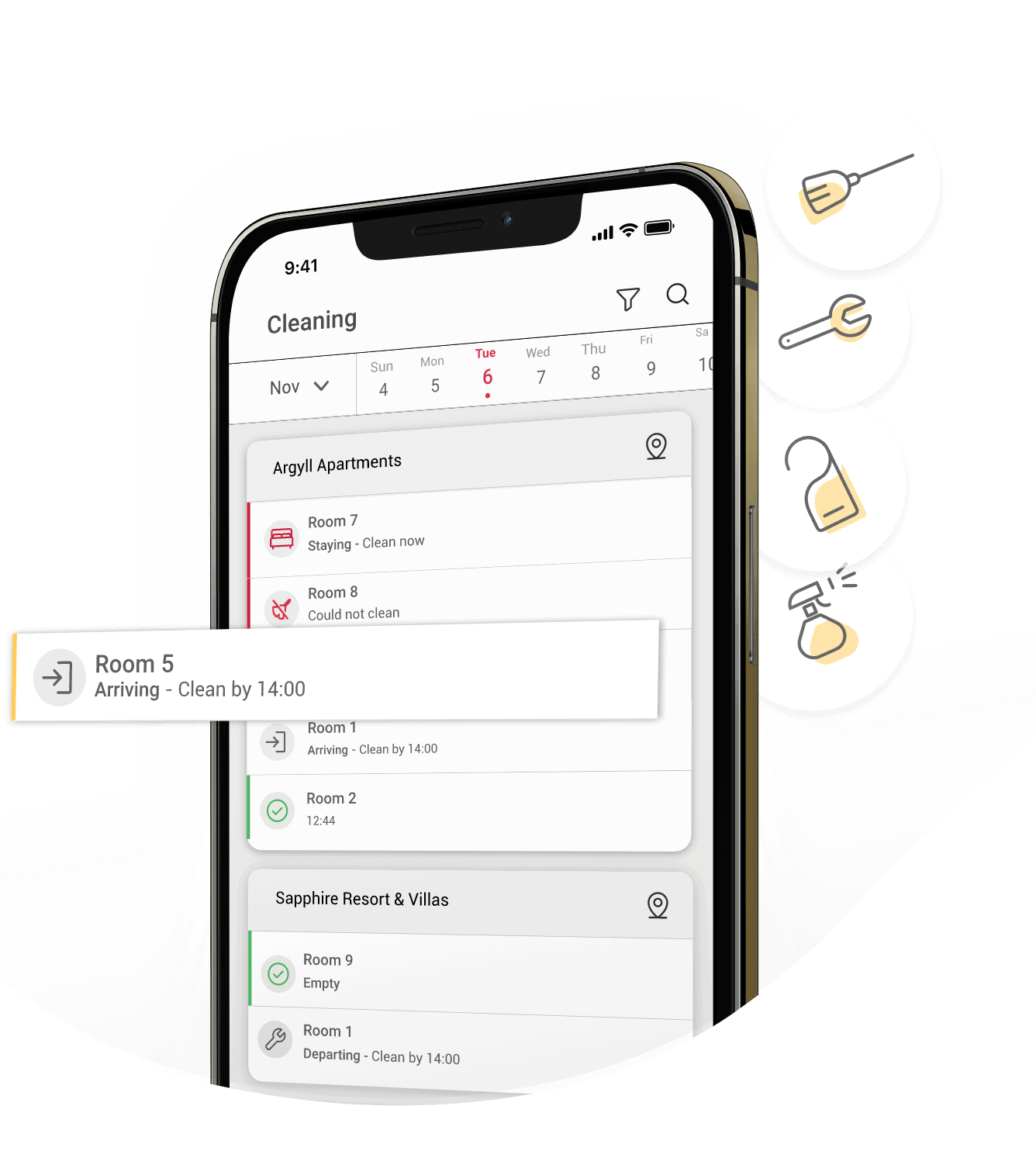 A cleaning schedule as displayed on the eviivo Mobile cleaning dashboard, showing cleaning statuses of multiple rooms and properties.