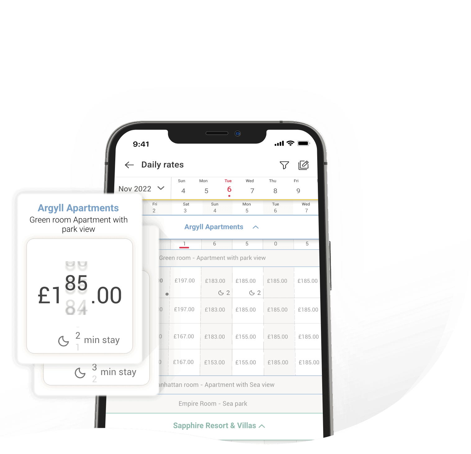 A PMS mobile app screen showing daily rates and minimum stay details for a vacation rental property's rooms.