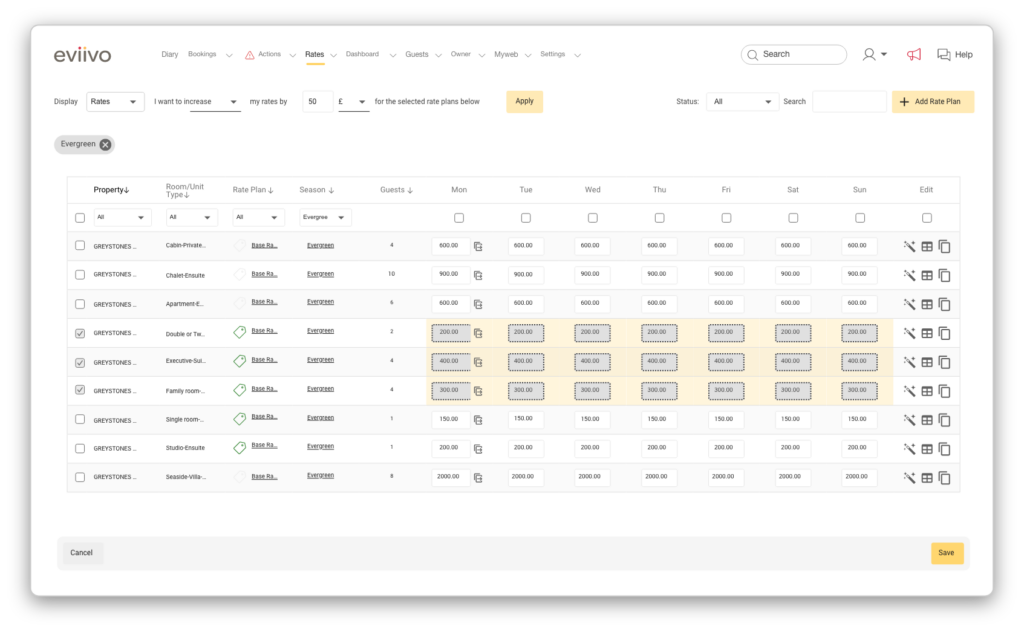 eviivo Suite's Rate Plans screen, allowing users to update their rates and minimum stay rules.