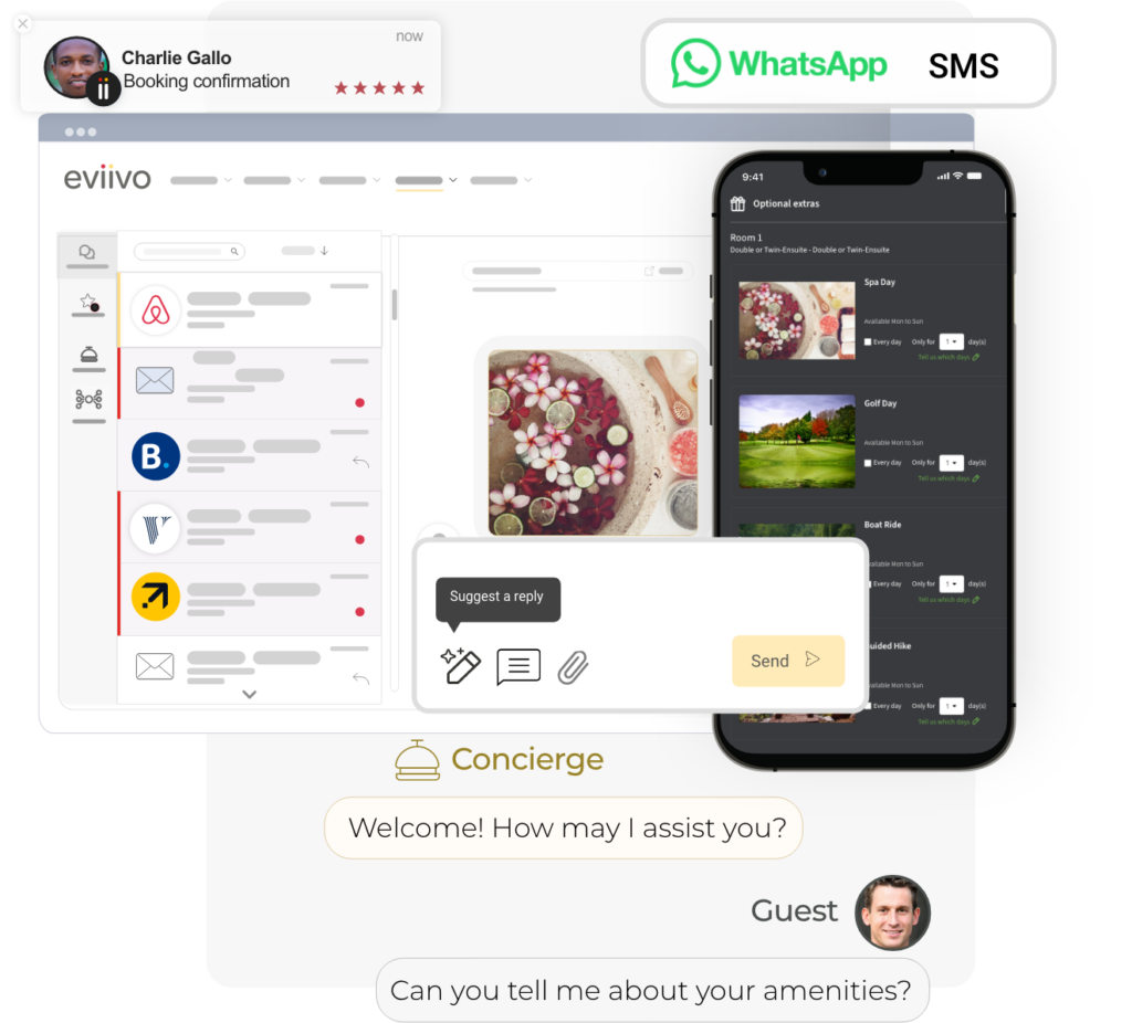 eviivo's unified inbox, displaying messages from various OTA channels, direct bookings and WhatsApp & SMS conversations.