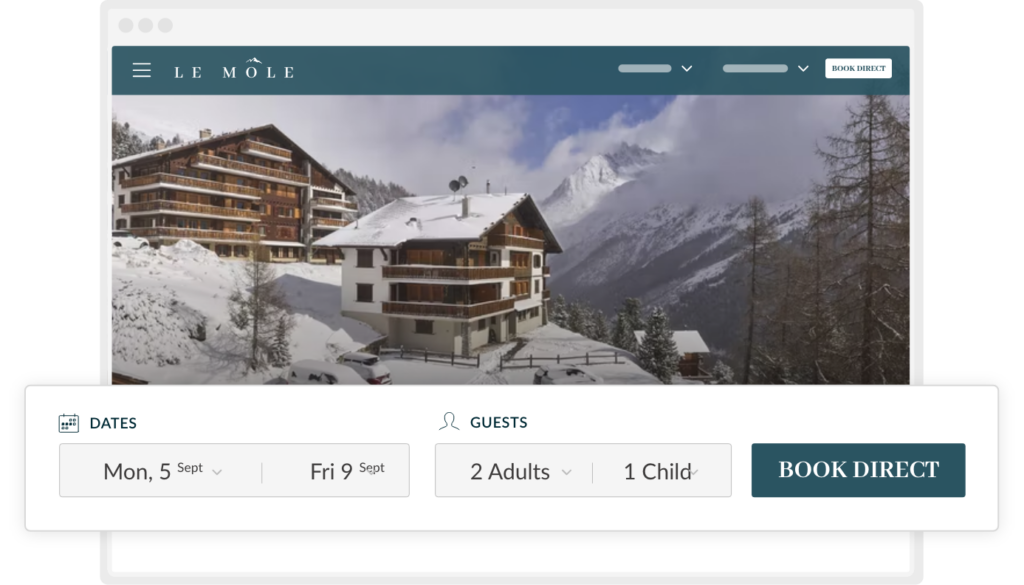 Example of a hotel's direct booking website with search bar and prominent "BOOK DIRECT" button.